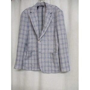 LUIGI FUSARO  linen blend   blue plaid blazer jacket IT 56 US 44 Sport Coat